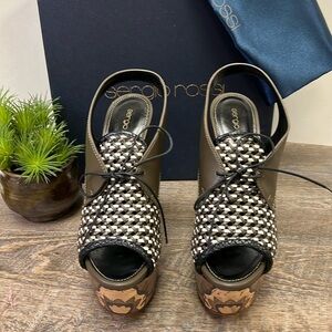 ✨Sergio Rossi Woven Leather Platform Carved Wood Heel EU 38.5 (US 8–8.5) NEW